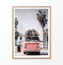 Load image into Gallery viewer, Retro red VW van with surfboards wall art print
