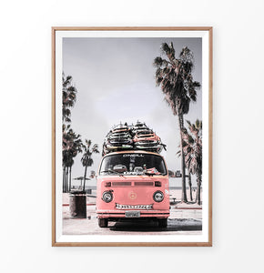 Retro red VW van with surfboards wall art print