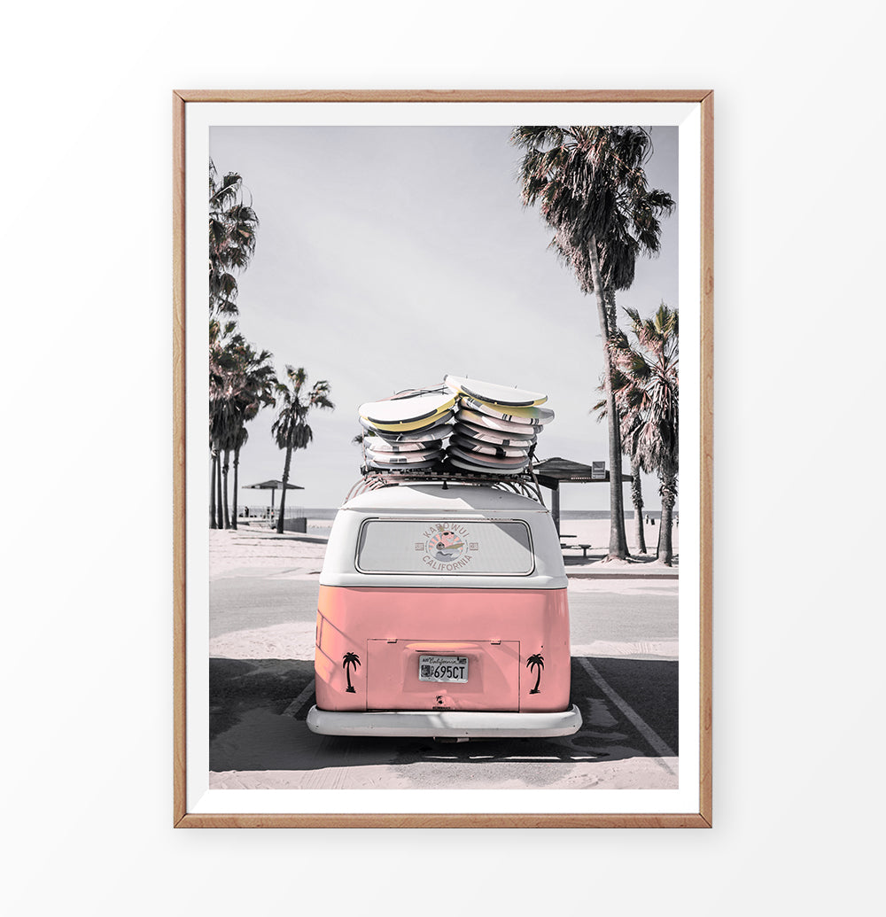 Retro Bus Wall Art with Surfboards and Coastal Palm Trees – Seven