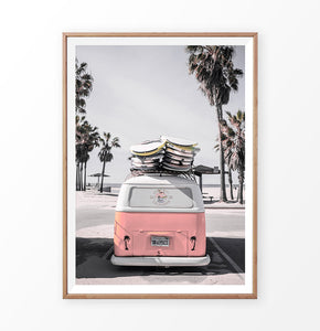 Pink VW travel bus print. California beach