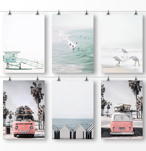 California Prints, Coastal Art, Santa Monica Beach, Lifeguard Tower, Retro Bus, Surfboard Decor, Set of 6 Prints
