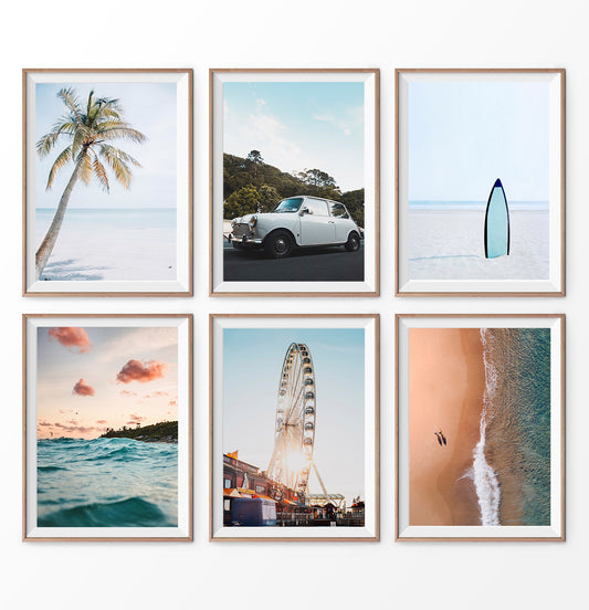 California Travel 6 Piece Decor. Ferris Wheel, Ocean Waves, Aerial See, Surfboard, Sand, Beach