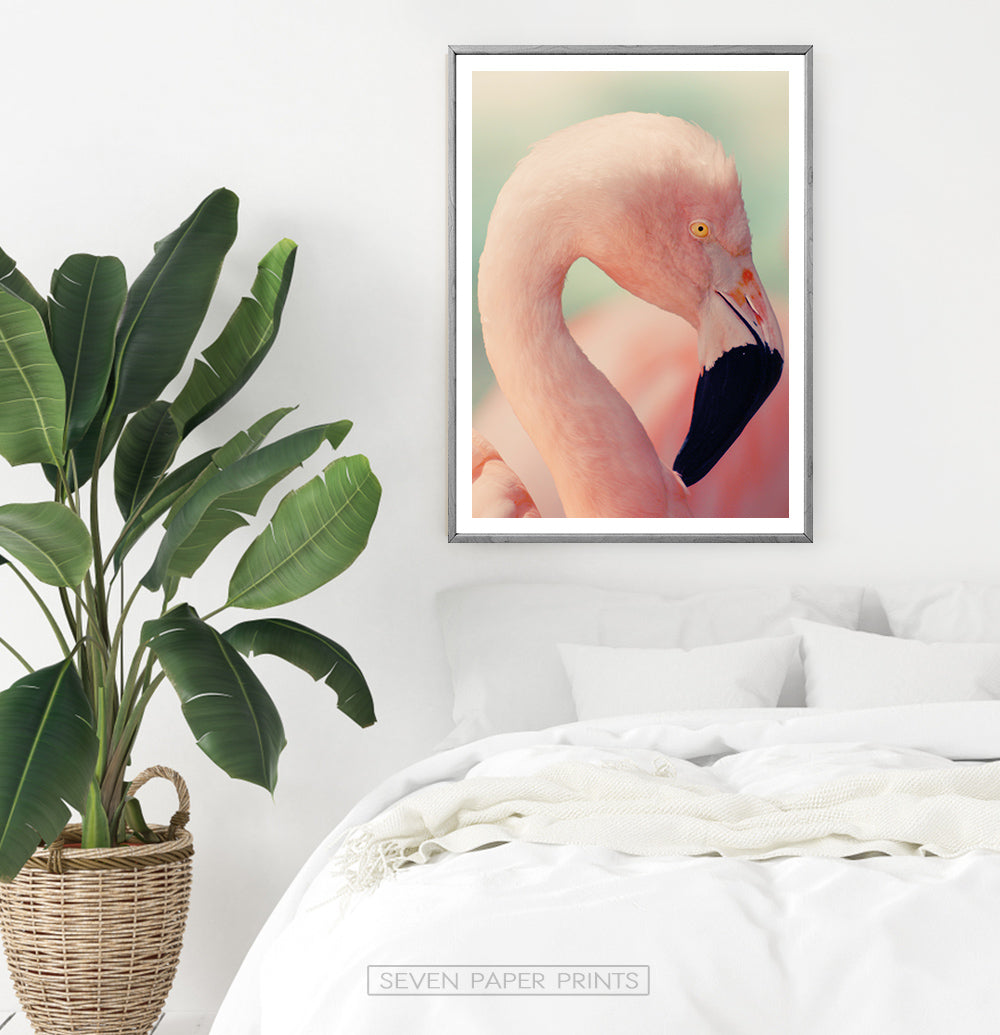 Pink Flamingo on green | Wall Art Print