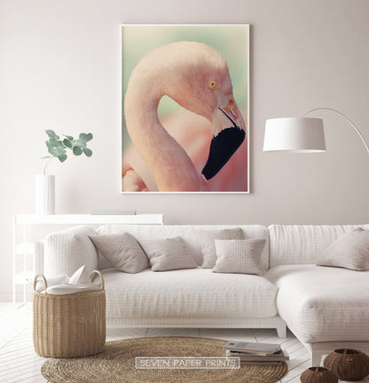 Pink Flamingo on green | Wall Art Print