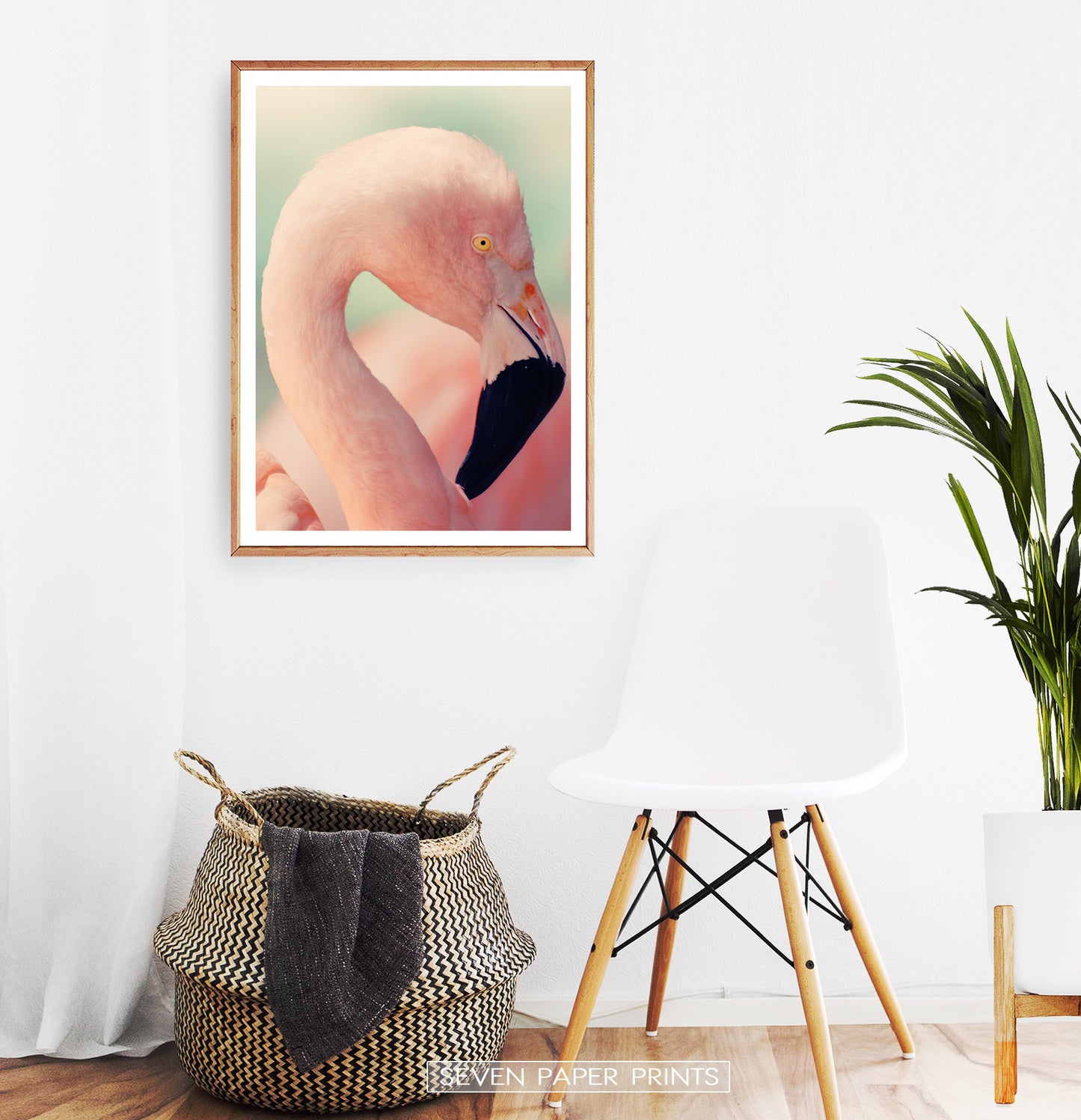 Pink Flamingo on green | Wall Art Print