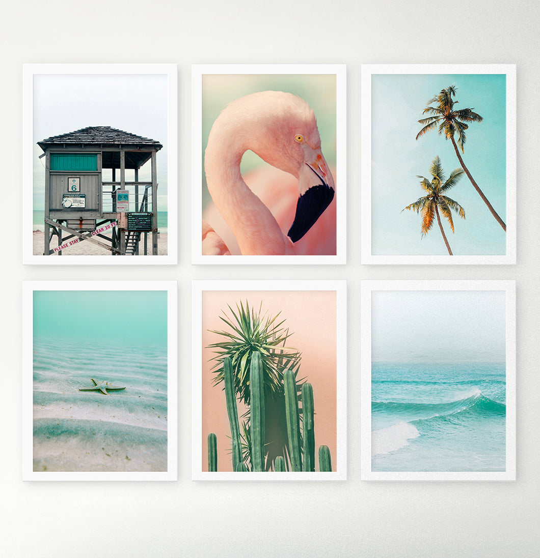 Azure Ocean Coast, Baywatch Tower, Flamingo Set of 6 Framed Wall Art