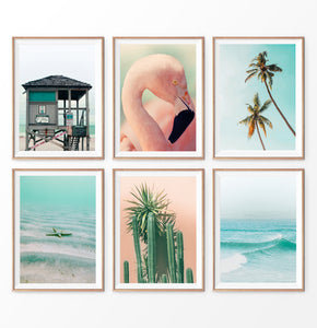 Pink Beach Prints Set. Flamingo, Palm Trees, Ocean, Lifeguard Tower