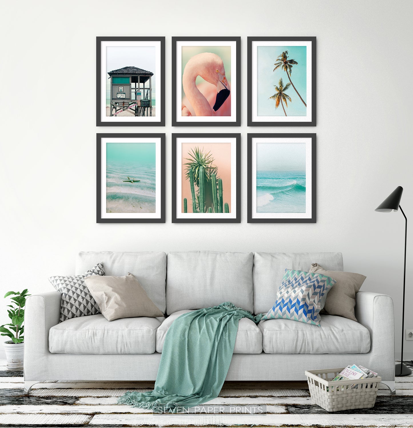 Black-framed with gray sofa