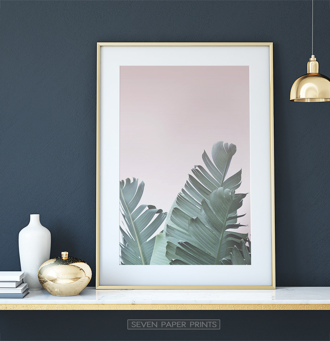 Neutral Color Tropical Banana Leaf Print on Dark Wall