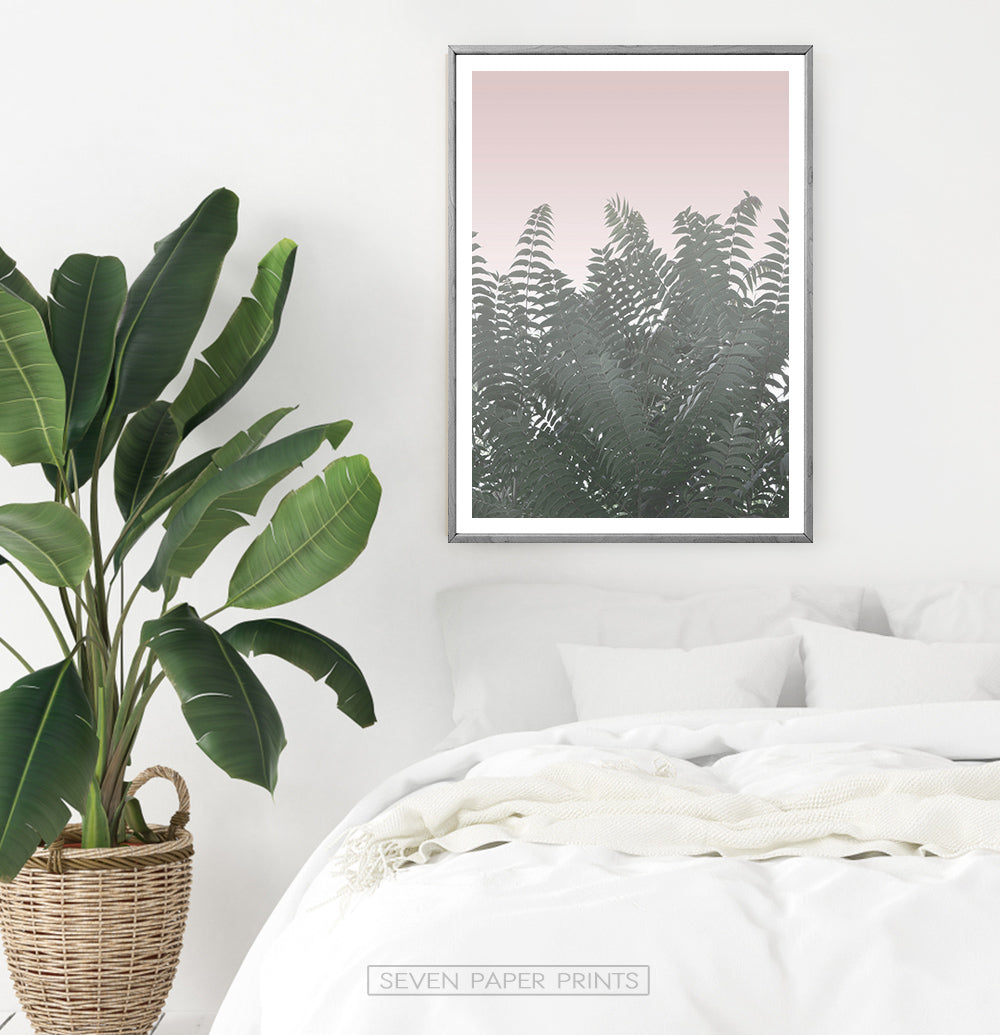 Bedroom with Green Tropical Leaves on Pink