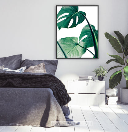 Monstera Tropical Leaves Print for Gray Bedroom
