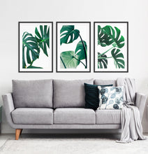 Load image into Gallery viewer, Monstera palm leaves. Tropical gallery wall for living room. Black frames with mat
