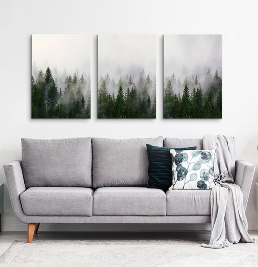 Green foggy forest canvas set of 3 prints #152