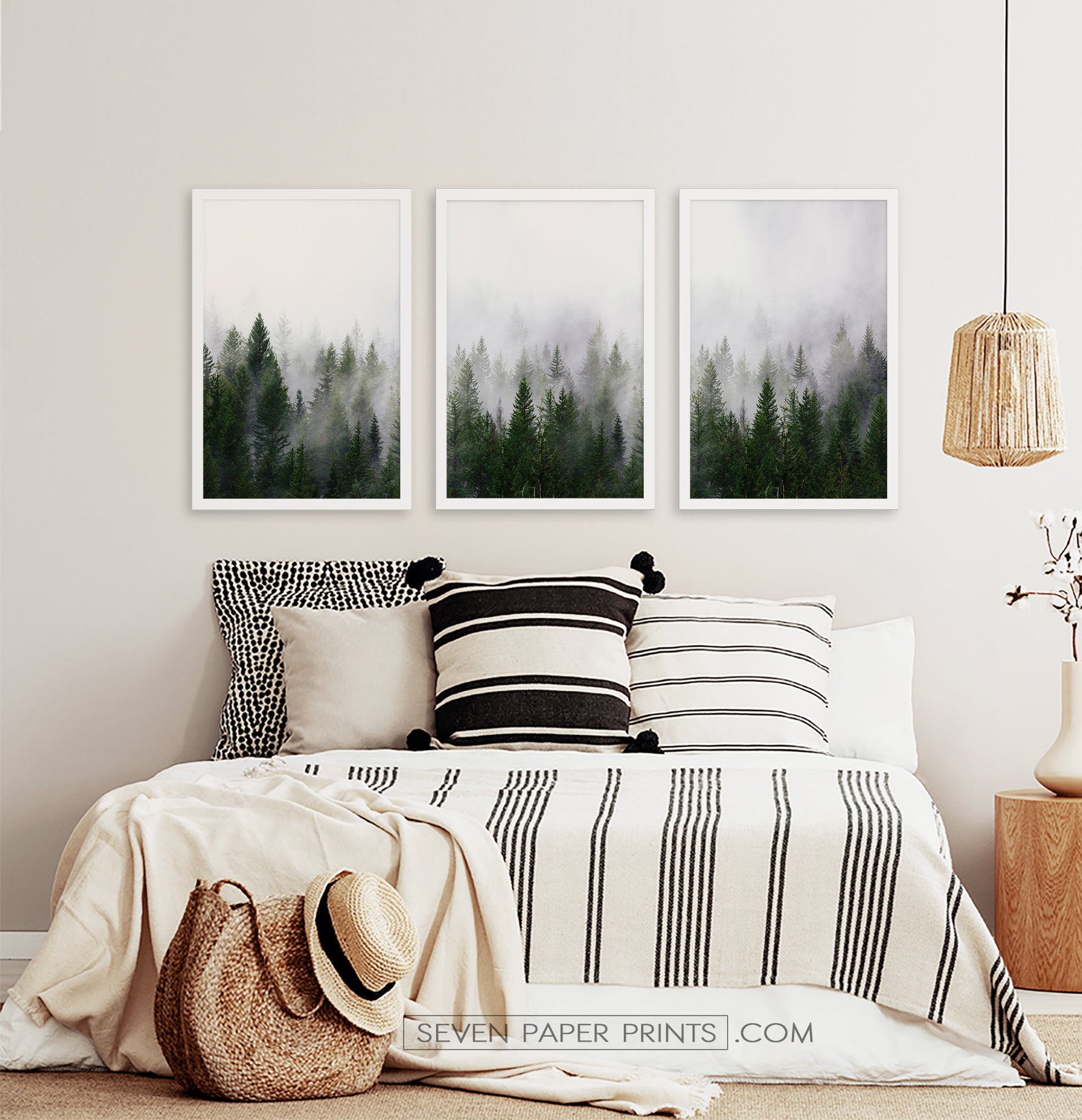 Three framed prints with a foggy forest 2