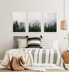Three framed prints with a foggy forest 2