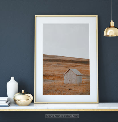 Golden-framed on a white&gold marble shelf