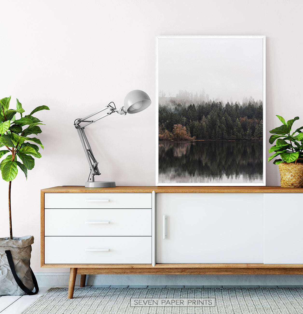 White-framed on a wooden cabinet
