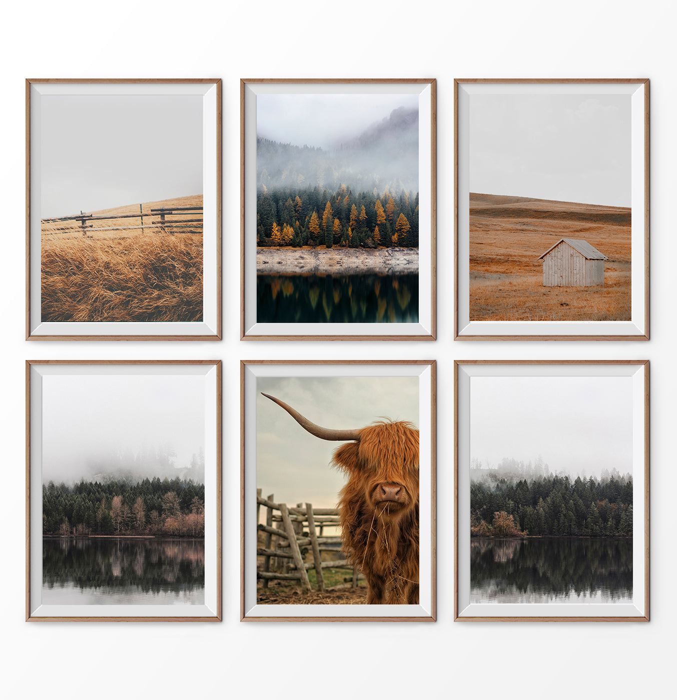 Farmhouse 6 piece wall art. Bull, Forest, Cabin, Field