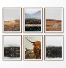 Load image into Gallery viewer, Farmhouse 6 piece wall art. Bull, Forest, Cabin, Field
