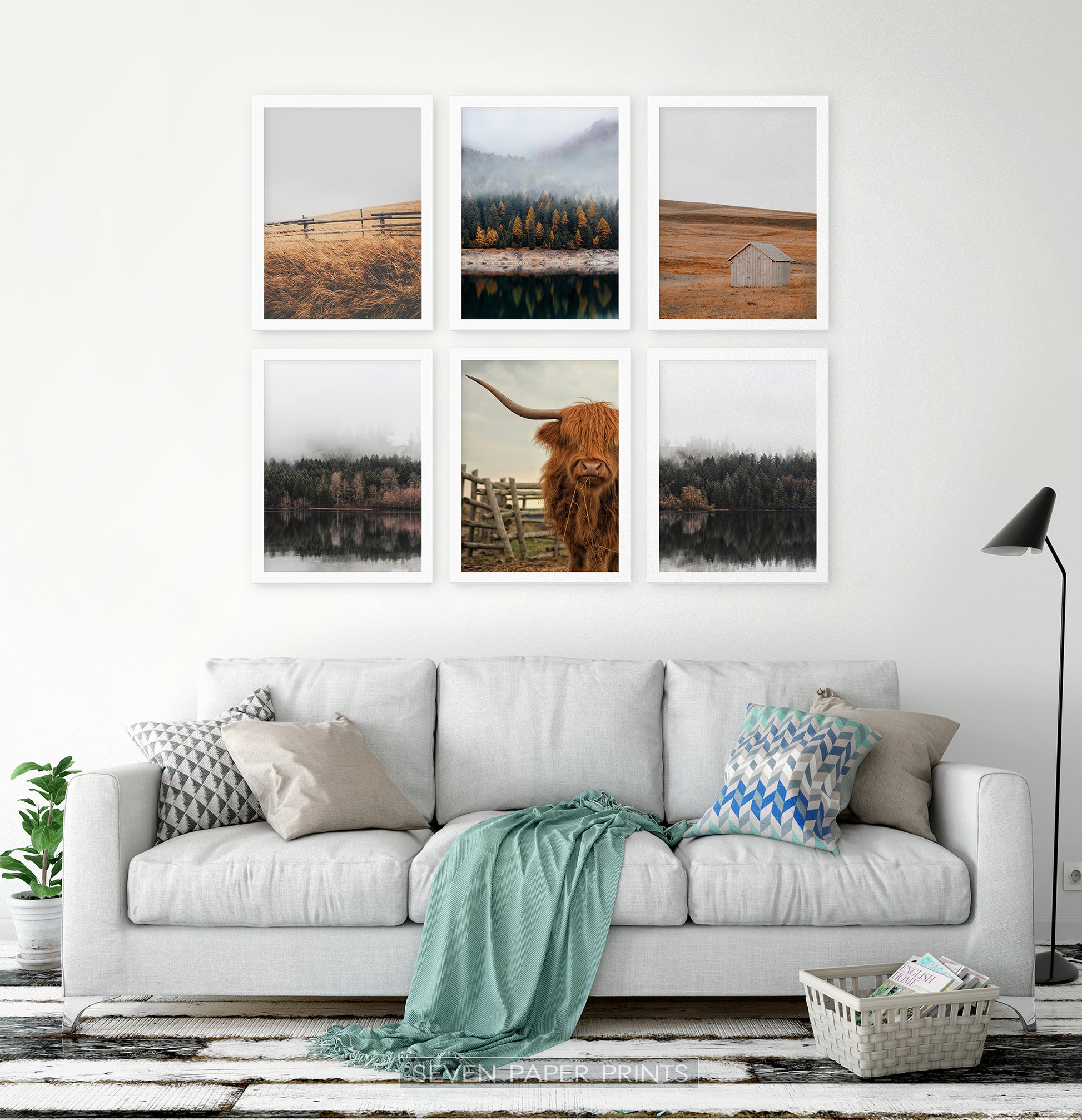 White-framed in the living room with gray sofa