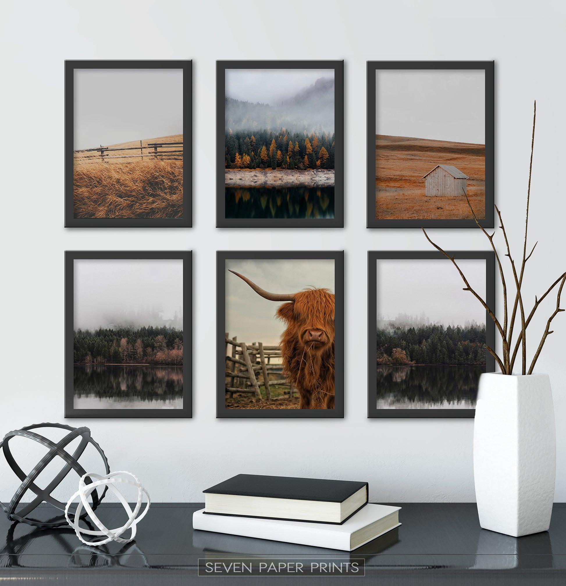 Black-framed Set Of 6 Above a Black Shelf