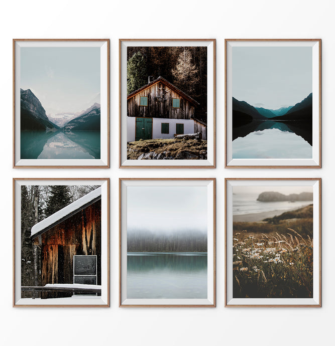 Canadian Nature set of 6 wall art. Lake Louise. Forest, field, cabin