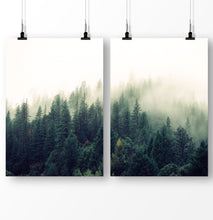 Load image into Gallery viewer, Foggy forest, Green Trees, Forest Art Set of 2 Prints, Forest Photography Decor, Mountain Landscape, Forest Greenery Wall Art, Forest Poster 2 Piece Set, Foggy Print
