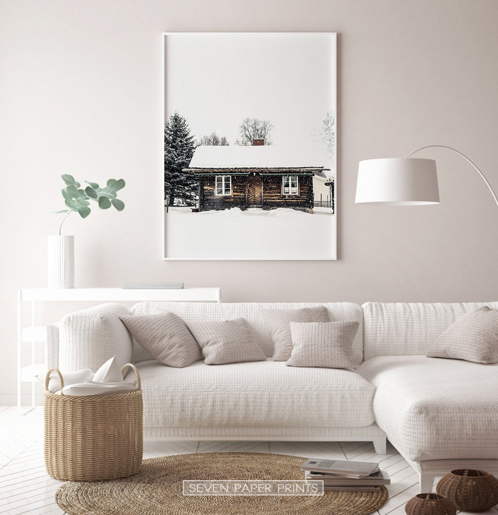 White-framed Wooden Cabin Covered in Snow Poster