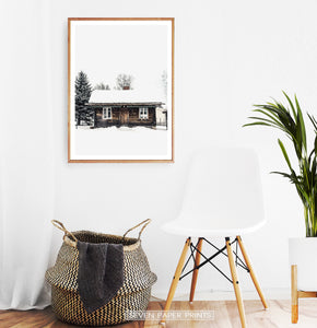 Wood-framed Wooden Cabin Covered in Snow Poster