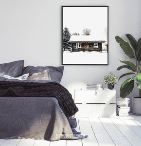 Black-framed Wooden Cabin Covered in Snow Poster