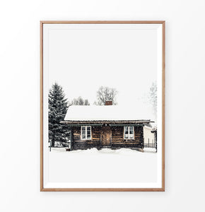 Wood-framed Wooden Cabin Covered in Snow Poster