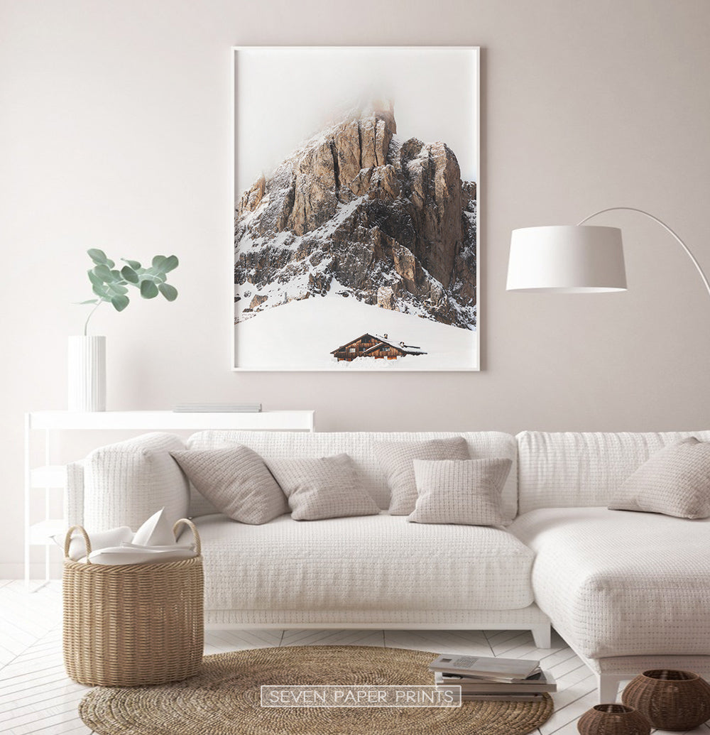 White-framed Snowy House Under A Cliff In The Mountains Wall Art