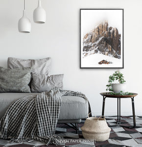 Black-framed Snowy House Under A Cliff In The Mountains Wall Art