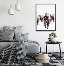 Load image into Gallery viewer, Black-framed European Bison Herd Running In Snow Poster
