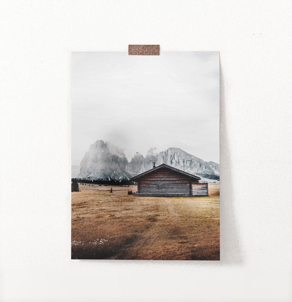 Yellow Field Country Shack Under Mountains Wall Art