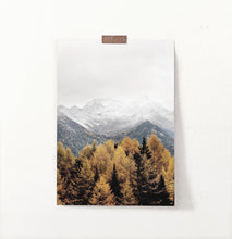 Load image into Gallery viewer, Yellow&amp;Brown Spruce Forest On Foggy Mountains Background Poster
