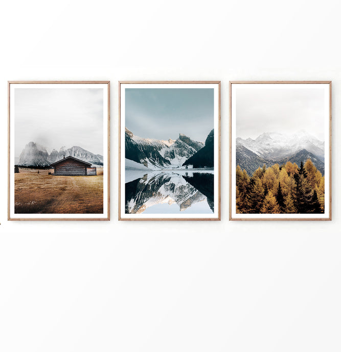 Old Barn and Misty Mountains Set of 3 Prints