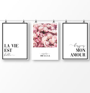 Pink Flower wall art, floral wall art, digital typography, set of 3 digital prints