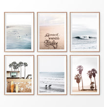 Load image into Gallery viewer, Surfing print set of 6. Ocean, Waves, Good vibes quote on sand, Beach, Surfboards and Palm Trees
