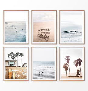 Surfing print set of 6. Ocean, Waves, Good vibes quote on sand, Beach, Surfboards and Palm Trees