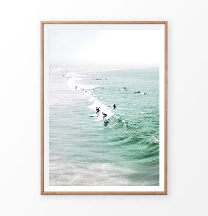 Surfers on ocean waves print. California beach wall art