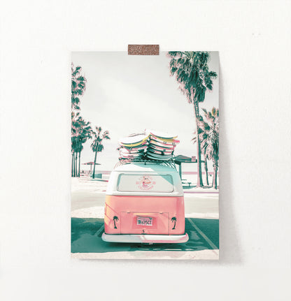 Beach Poster Art with Retro VW Bus
