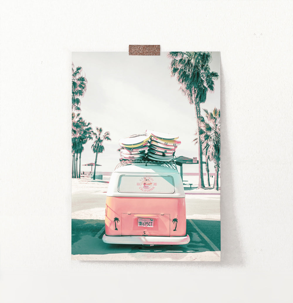 Retro Bus Wall Art with Surfboards and Coastal Palm Trees – Seven