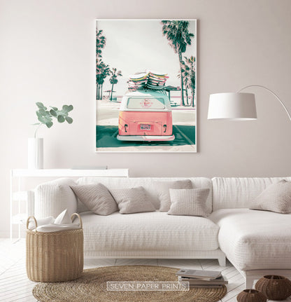 Beach Poster Art with Retro VW Bus