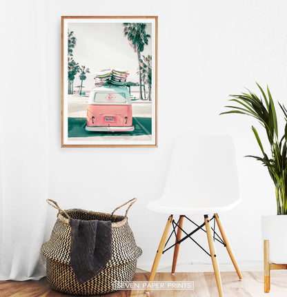 Beach Poster Art with Retro VW Bus