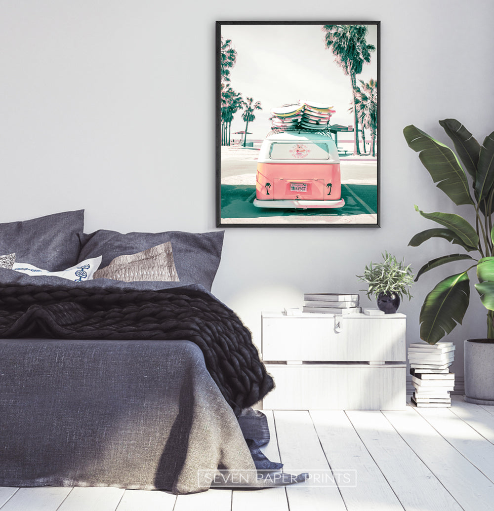 Beach Poster Art with Retro VW Bus