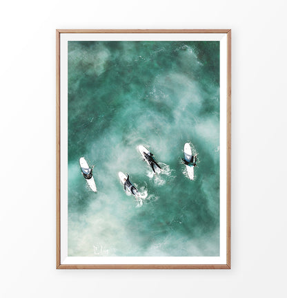 Ocean Aerial Photo with Surfers on Surfboards