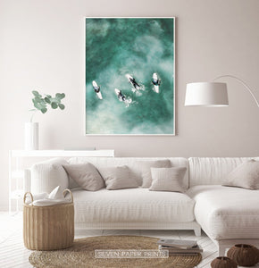 Surfing Wall Art Print for Living Room. Aerial Ocean Photo