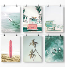 Load image into Gallery viewer, California Beach, Classic Retro Van, Pastel Lifeguard Tower, Pink Surfboard, Palm Trees, and Large Aerial Sea

