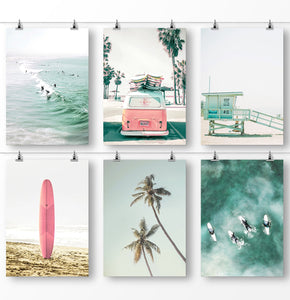 California Beach, Classic Retro Van, Pastel Lifeguard Tower, Pink Surfboard, Palm Trees, and Large Aerial Sea